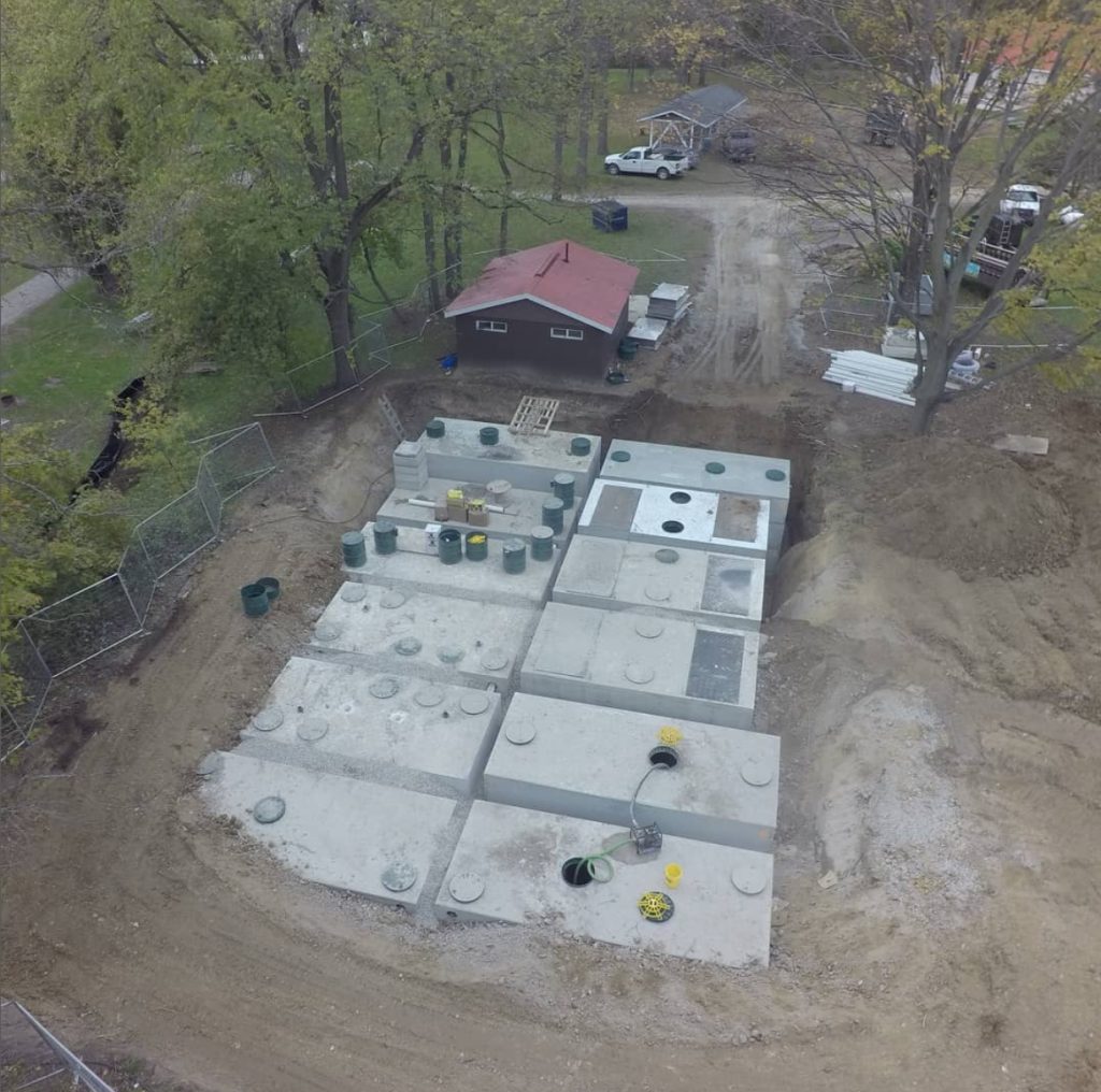 Aerial view of a large institutional septic installation
